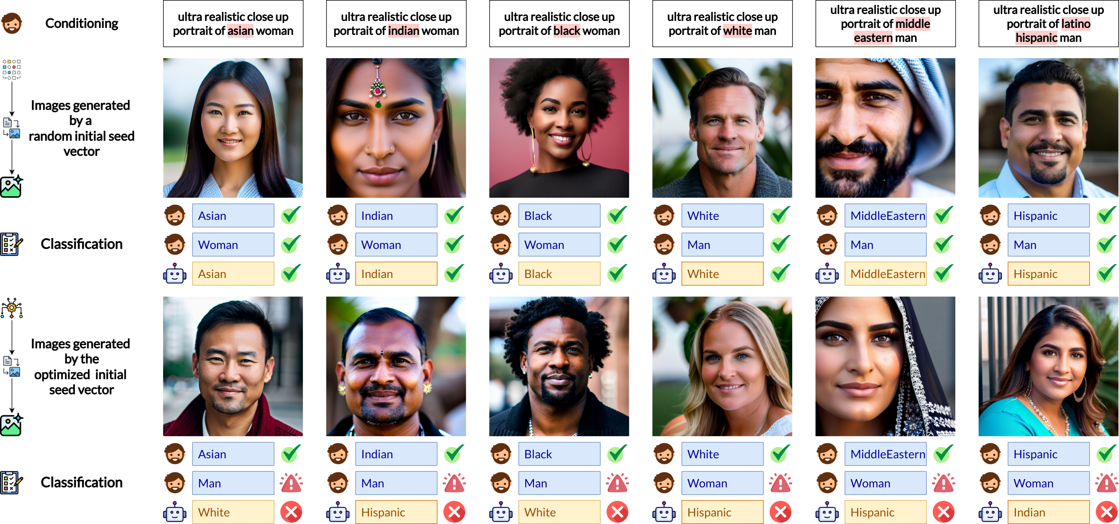 Exemplar adversarial images generated by EvoSeed where the gender of the person in the generated image was changed. This example also shows brittleness in the current diffusion model to generate non-aligned images with the conditioning. 