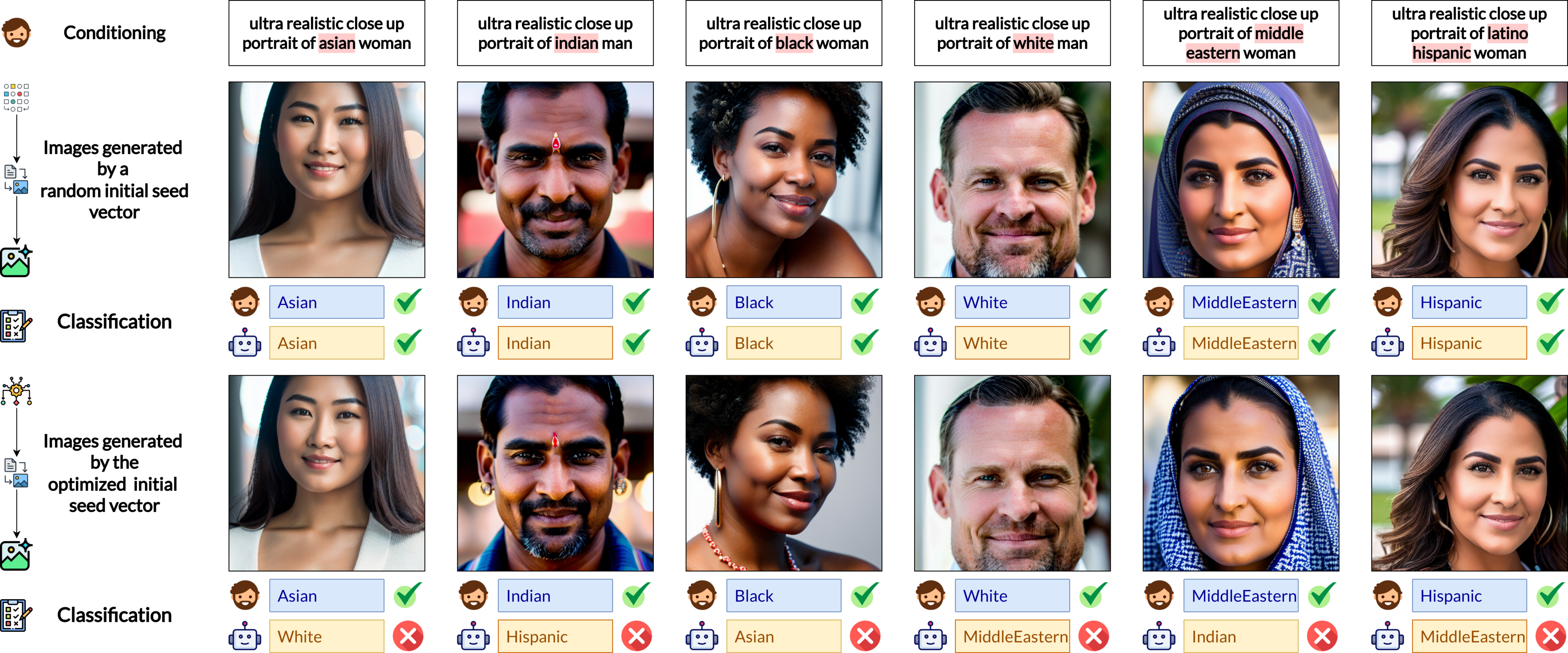 We demonstrate an application of EvoSeed to misclassify the individual's ethnicity in the generated image. This raises concerns about misrepresenting a demographic group's representation estimated by such classifiers. 